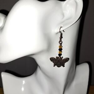 Antique Copper Bumble Bee Beaded Dangle Earrings